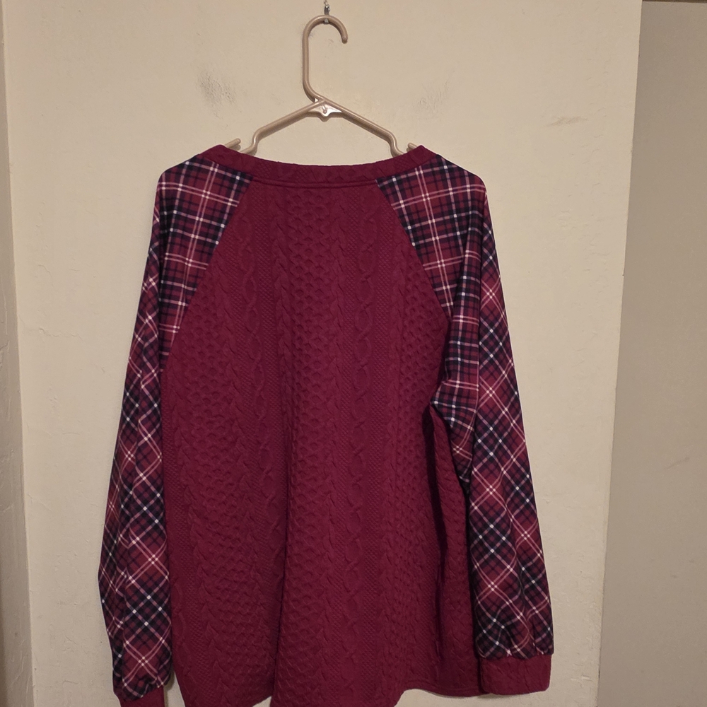 Nwt Bloomchic Burgundy Patchwork Sweater With Pla… - image 2